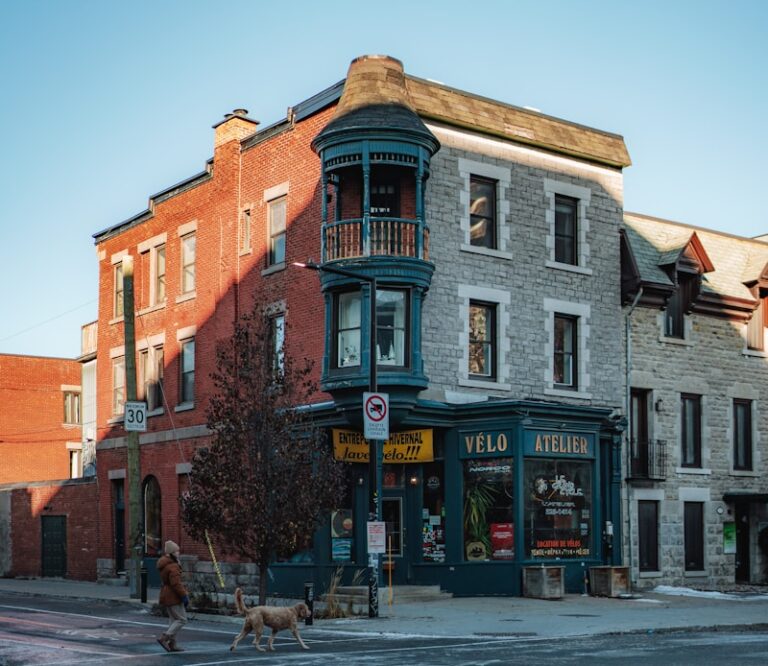 Corner building with shop and people walking dogs crossing street